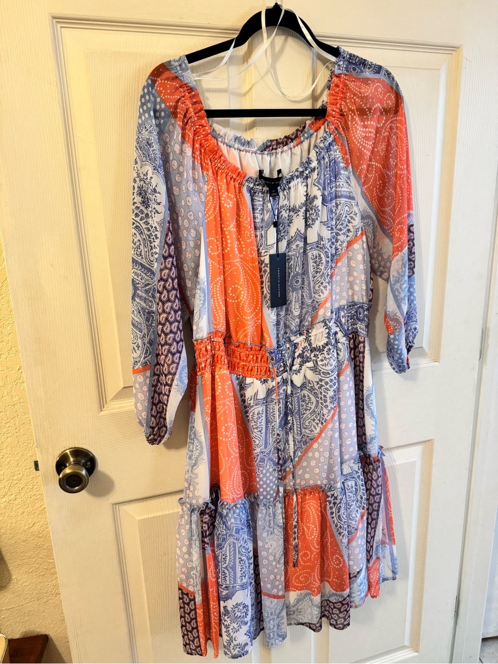 Tommy Hilfiger Coral and Blue Patchwork Midi Dress